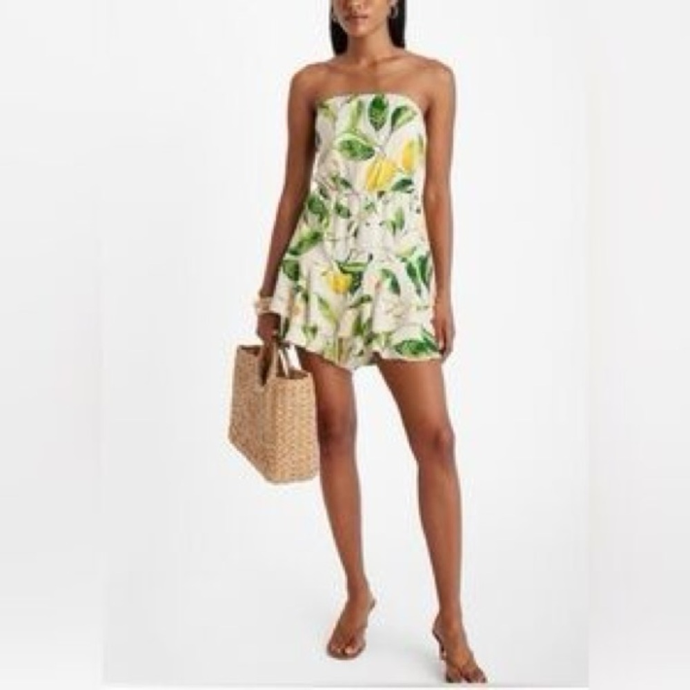Express Strapless Lemon Print Romper in White, Green & Yellow